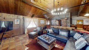 Televisie, een open haard, een dvd-speler en boeken