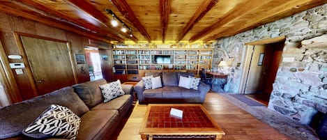 Smart TV, caminetto, libri