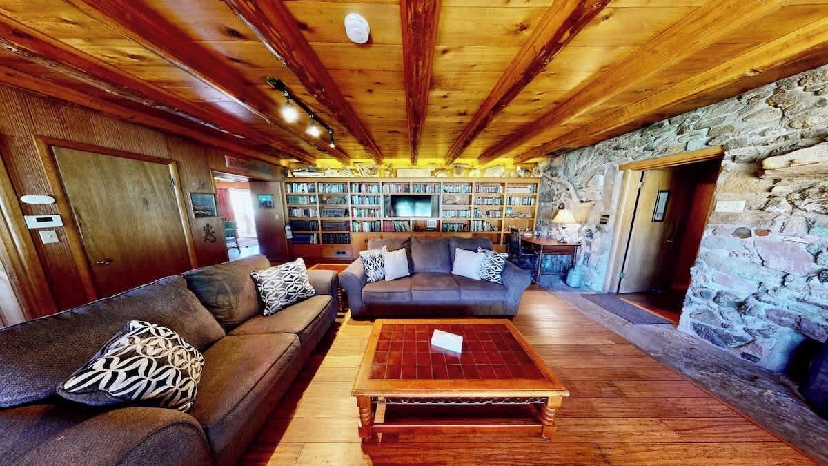 Smart TV, fireplace, books