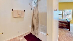 Shower, hair dryer, shampoo