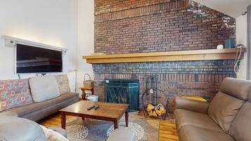 Télévision, cheminée, livres