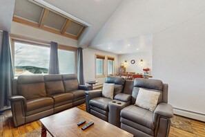 TV, fireplace, books