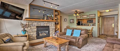 TV, fireplace, DVD player, books