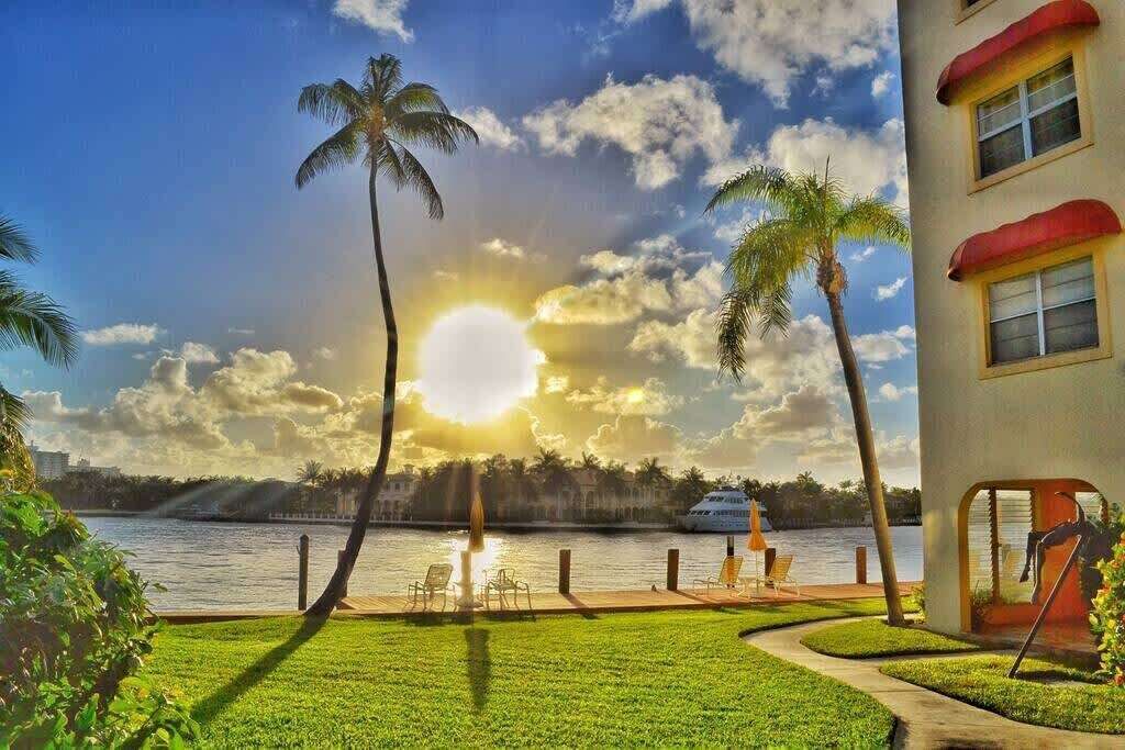 A waterfront property with a sunlit view, palm trees, and a boat dock.
