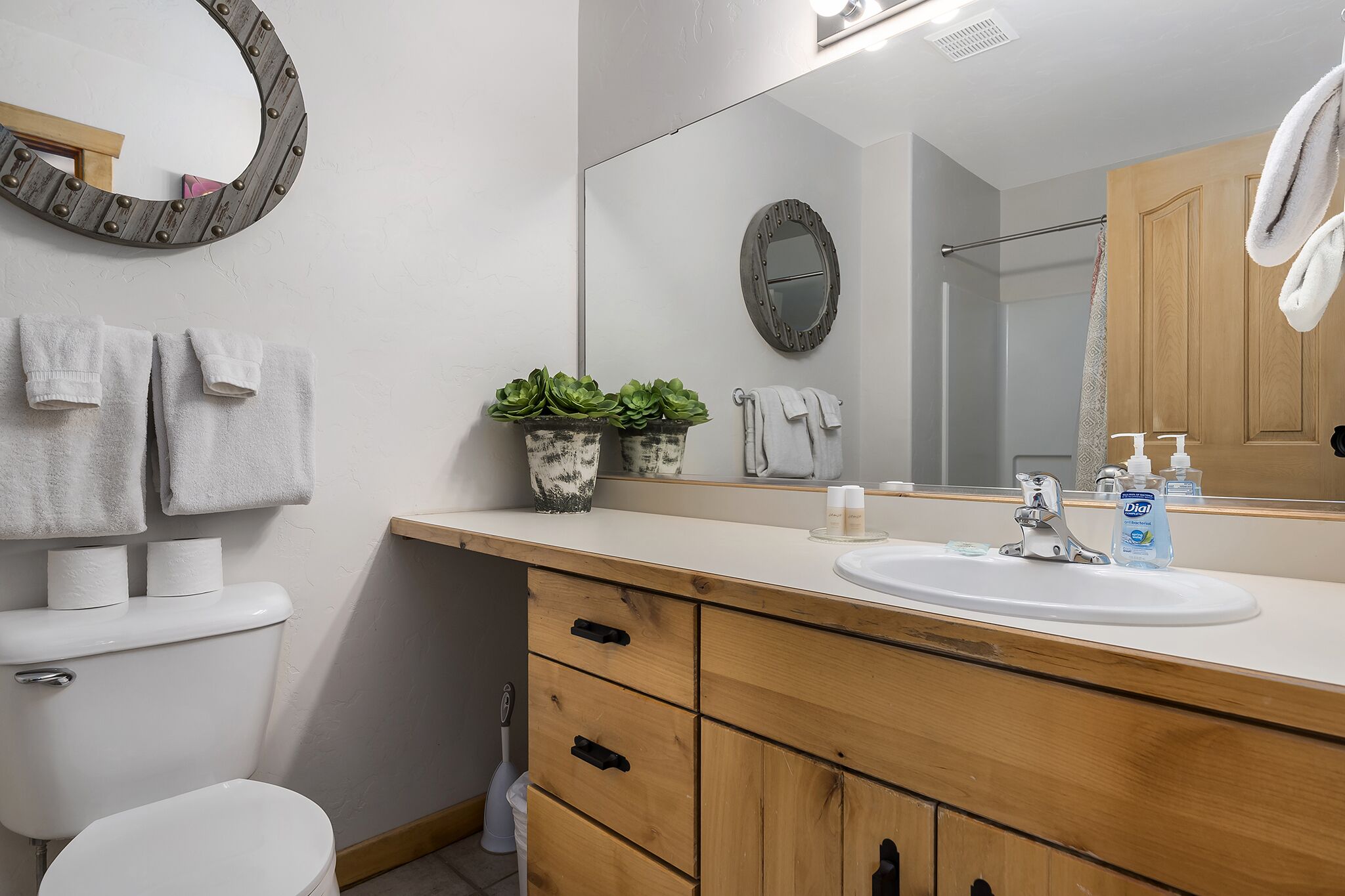 Ein Badezimmer mit Toilette, Waschbecken, Holz-Waschtisch, zwei Blumentöpfen und einem Spiegel.