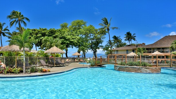 A swimming pool with lounge chairs and thatched umbrellas, surrounded by palm trees and a clear blue sky.