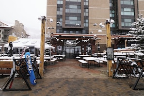 Outdoor dining - Ski-In/Ski-Out Hotel Room, Steps to American Eagle Lift with Outdoor Hot Tub (Copper Mountain)