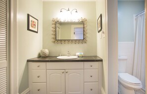 Combined shower/bathtub, hair dryer, towels