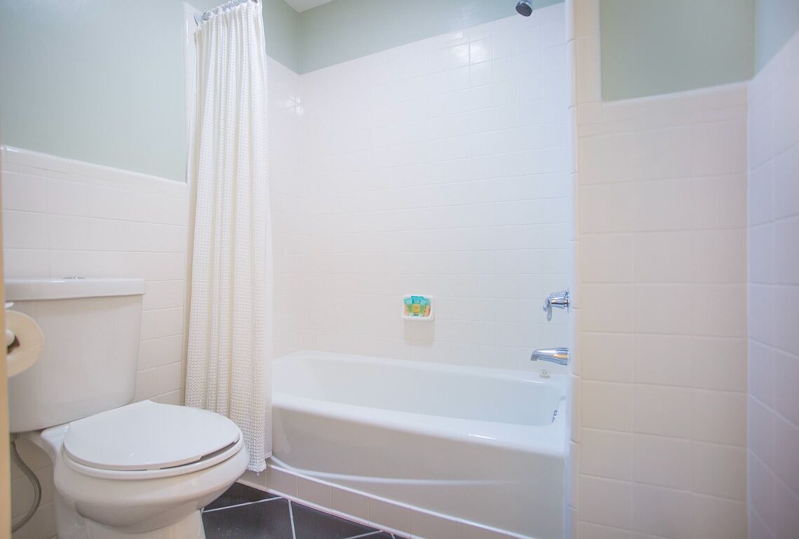 Ein Badezimmer mit Toilette, Badewanne und Duschvorhang.
