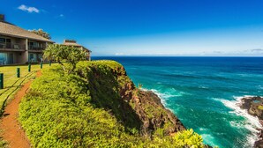 A coastal hotel with a view of the ocean, a grassy pathway, and a building with balconies.