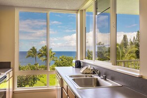 A kitchen with a large window offering a view of the ocean and palm trees.