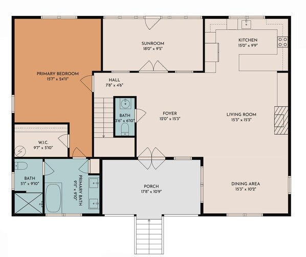 A floor plan of a house with a primary bedroom, sunroom, kitchen, living room, dining area, and a bathroom. - Island House Updated DeBordieu Home just steps away from the beach (Georgetown)