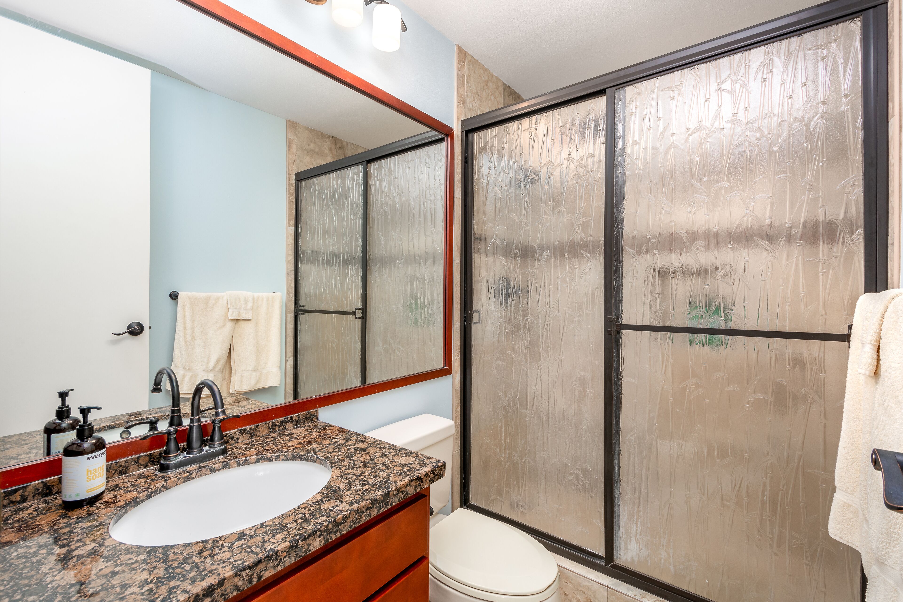 Une salle de bain avec un lavabo à vasque en granit, un miroir, des toilettes et une douche à parois de verre.