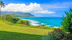 A coastal landscape with a view of the ocean, lush greenery, and a mountain in the background. - Pali Ke Kua 121 offer Stunning Oceanfront Views (Princeville)