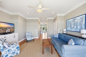 Smart TV, fireplace, books, stereo