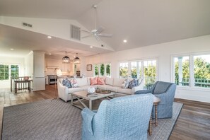 TV, fireplace, books
