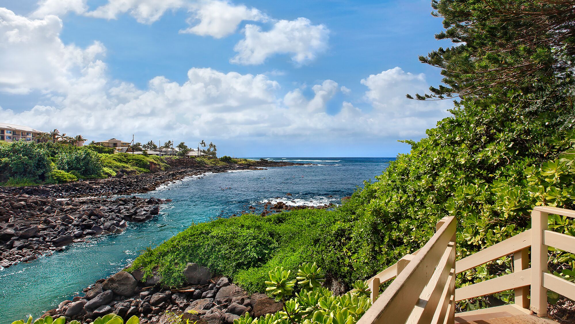 A coastal view with a rocky shoreline, lush greenery, and a clear blue sky.