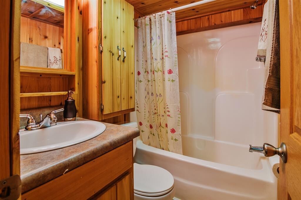 Baño de cabaña de madera con lavamanos, inodoro y bañera.