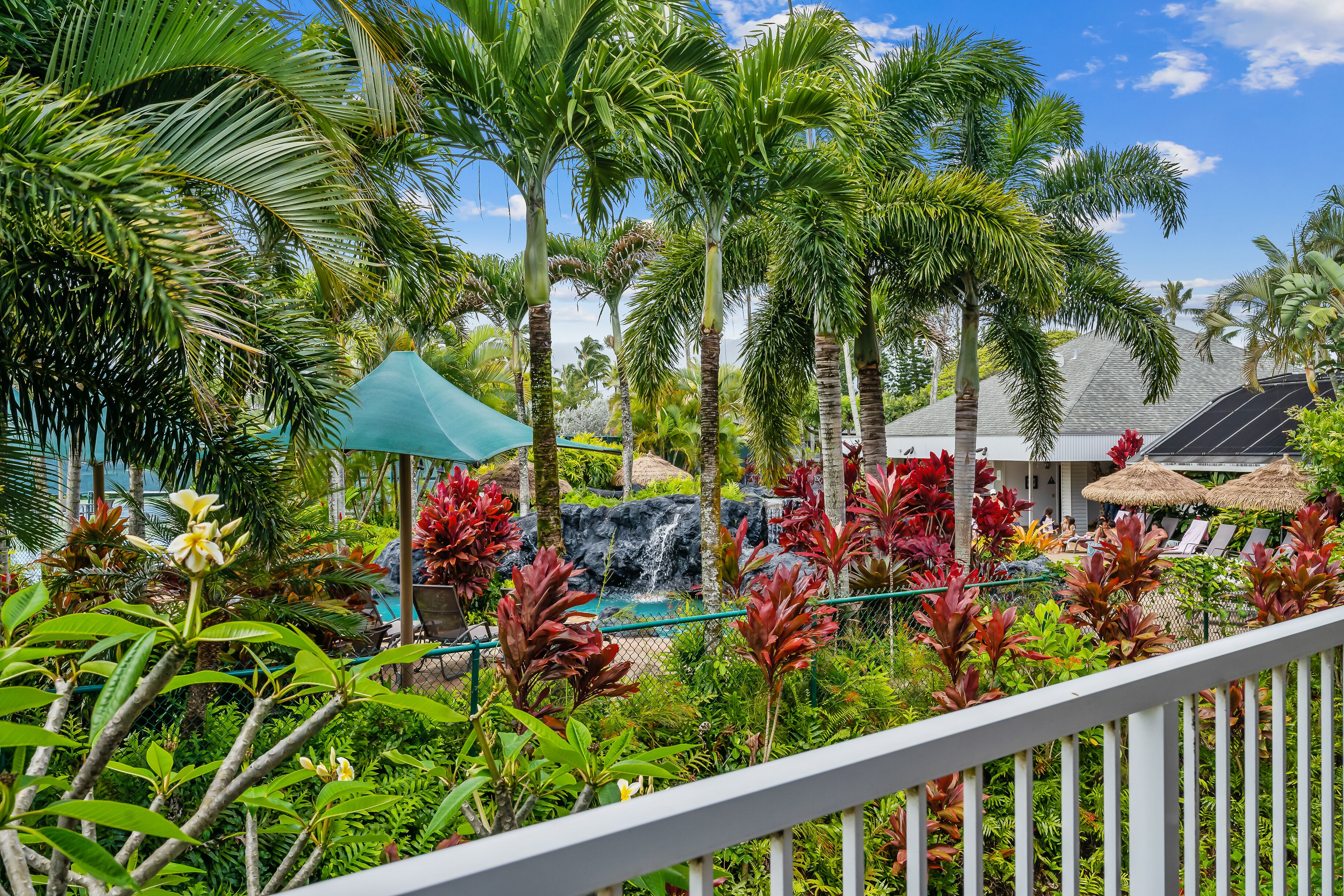 A lush tropical resort with a waterfall, palm trees, and a pool area.