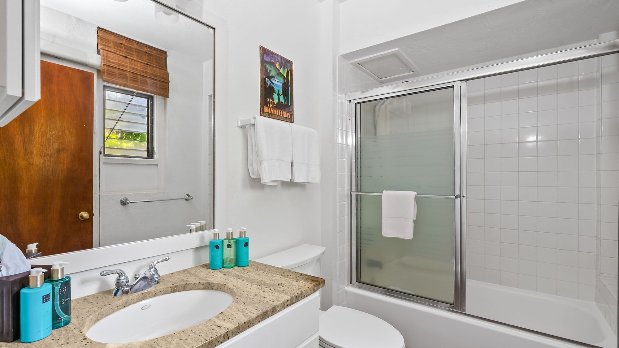 Une salle de bain avec un lavabo blanc, un miroir, une douche et des toilettes.