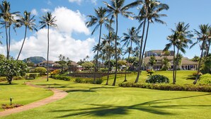 A well-maintained golf course with a pathway leading to a clubhouse, surrounded by palm trees and lush greenery.