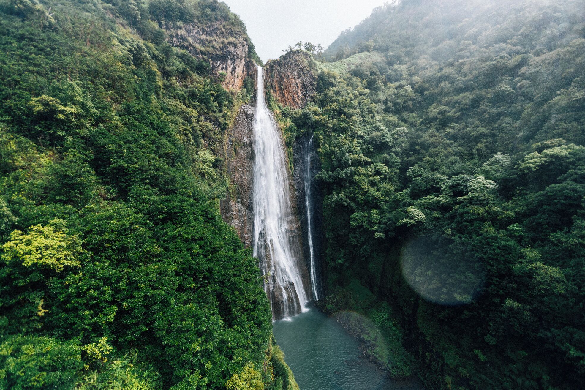 Una cascada se precipita por un acantilado empinado rodeado de un bosque frondoso.