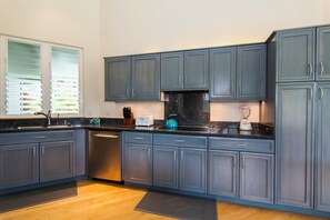 A modern kitchen with grey cabinets, a black countertop, and a built-in dishwasher. - Modern AC Home w/ Golf Course & Mountain Views! (Princeville)