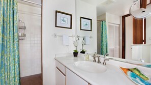 A bathroom with a white sink, two framed pictures of turtles, a mirror, and a shower with bamboo curtains.