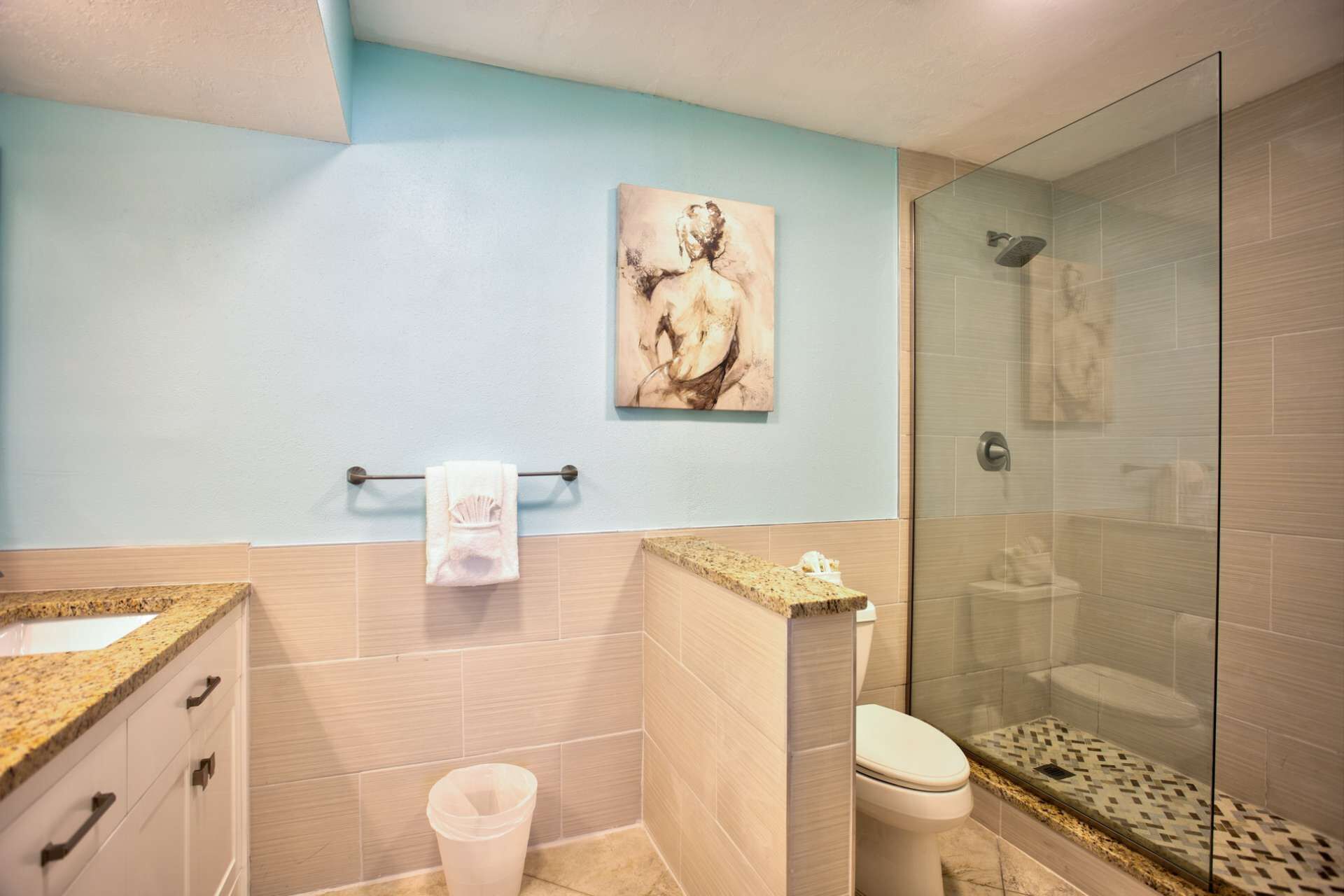 Une salle de bain avec douche, toilettes et lavabo.