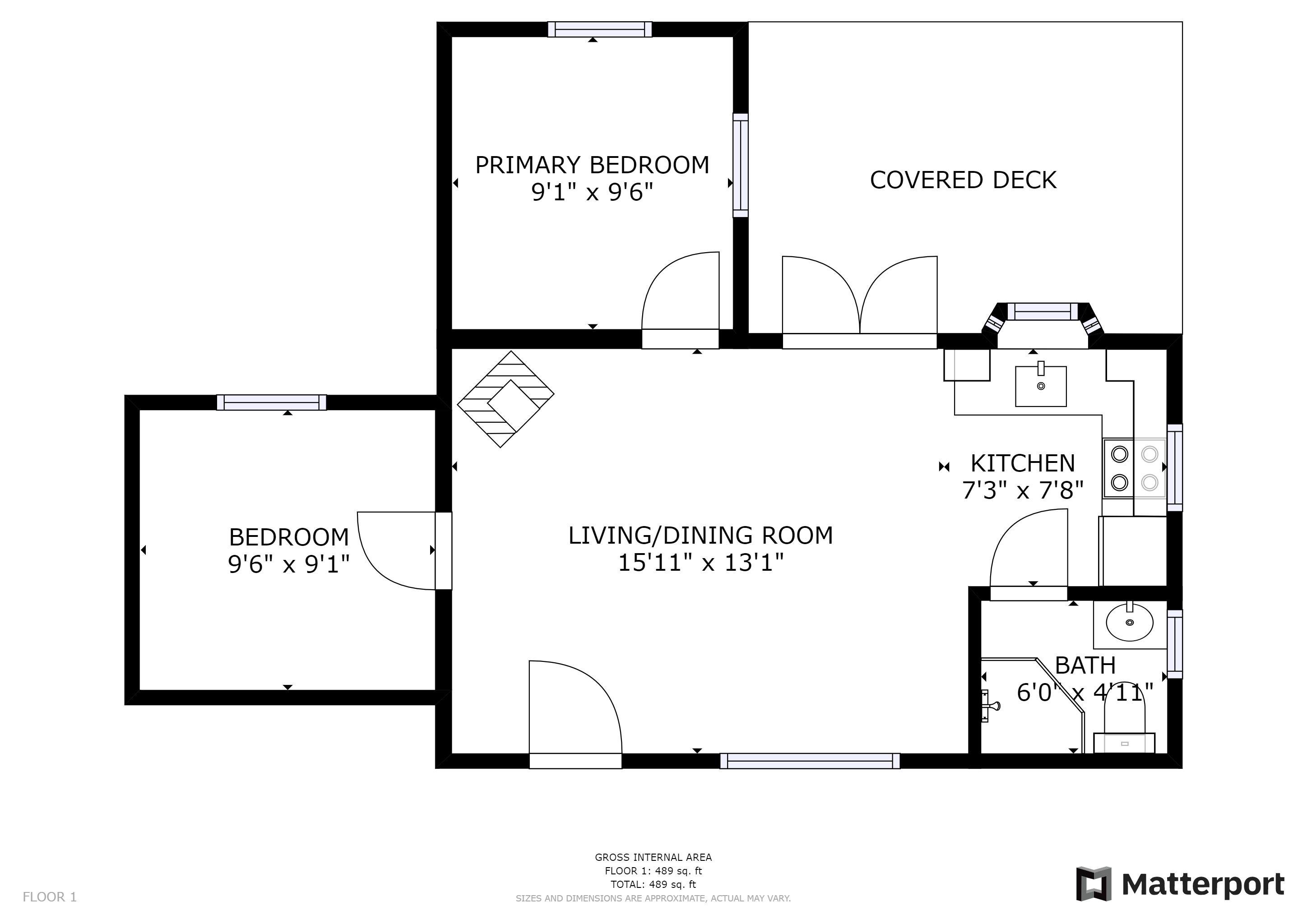 A floor plan of a house with a primary bedroom, covered deck, living/dining room, kitchen, and bathroom.