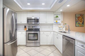 Fridge, microwave, dishwasher, coffee/tea maker