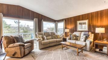 TV, DVD player, foosball, books