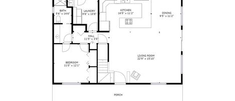 En planritning över ett hus med vardagsrum, matplats, kök, badrum, sovrum och hall.