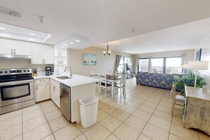 Fridge, microwave, dishwasher, coffee/tea maker