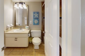 Hair dryer, towels, shampoo