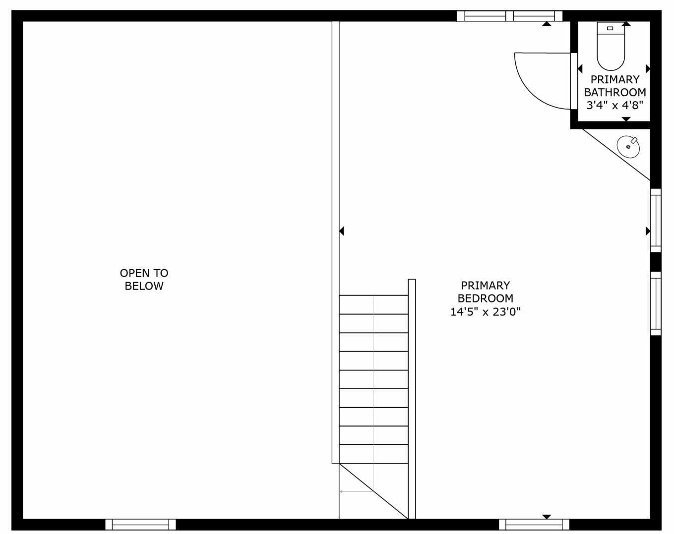 A floor plan with a primary bedroom measuring 14'5" x 23'0", a primary bathroom measuring 3'4" x 4'8", and an open area labeled "OPEN TO BELOW".