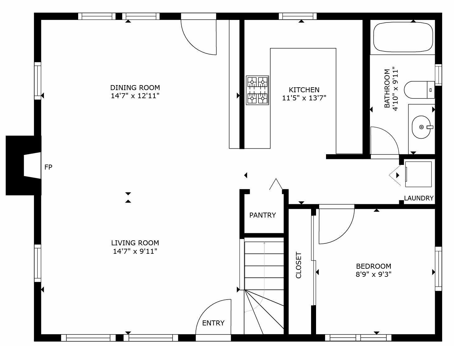 A floor plan with a dining room, kitchen, bathroom, laundry, living room, pantry, closet, and bedroom.