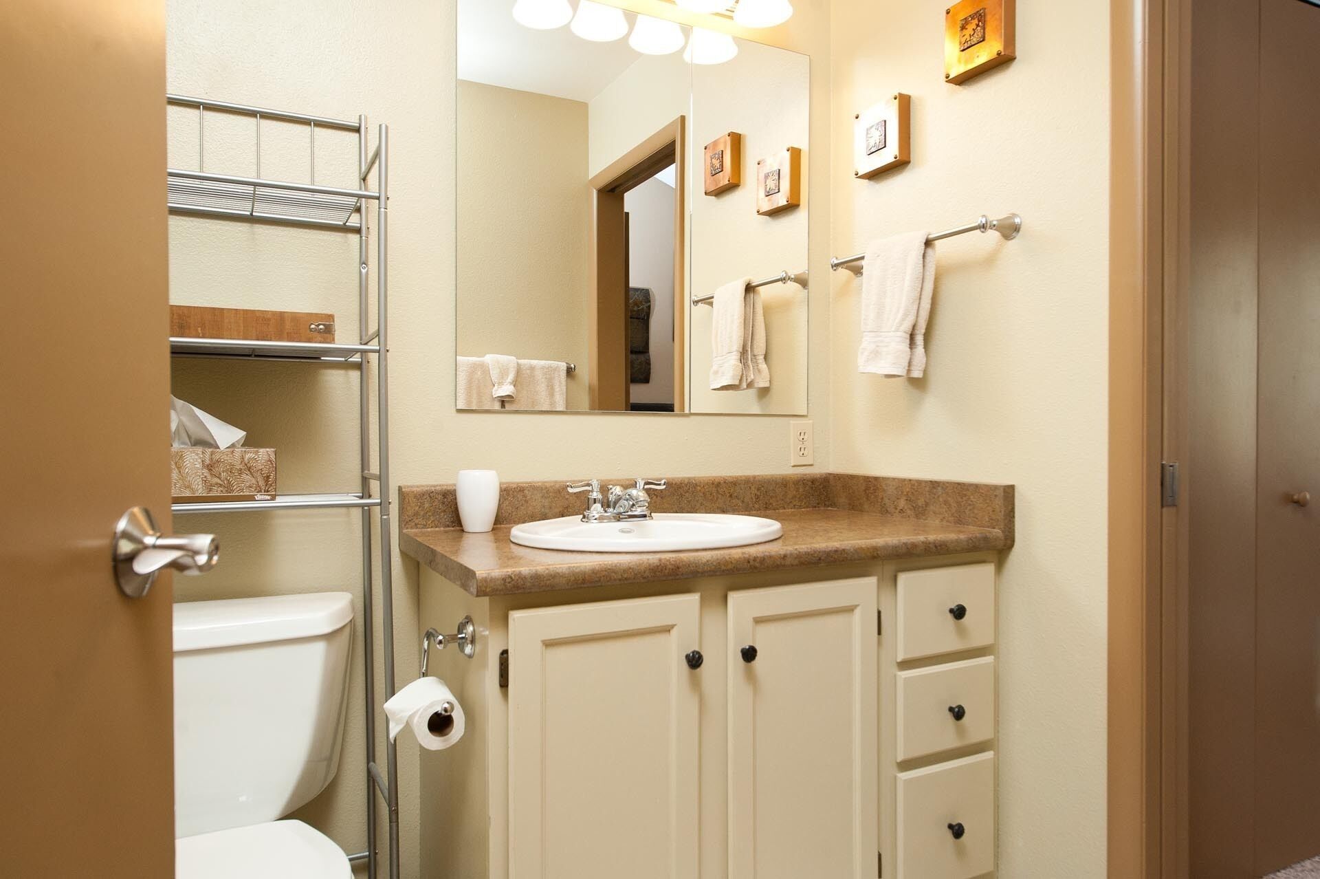 Une salle de bain équipée de toilettes, d’un lavabo, d’un porte-serviettes et d’un miroir.