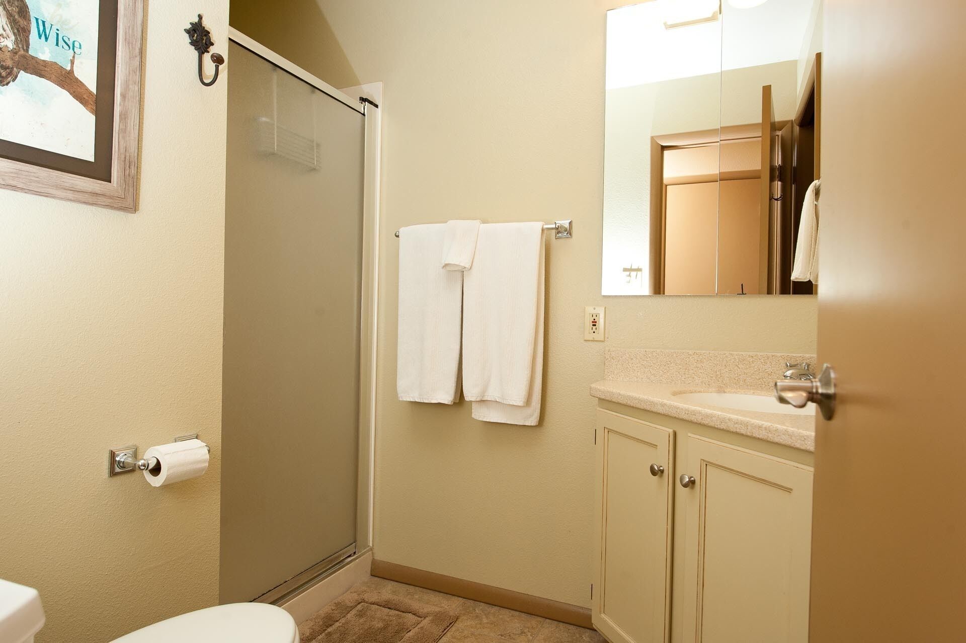 Ein Badezimmer mit Toilette, Dusche, Waschbecken und Spiegel.