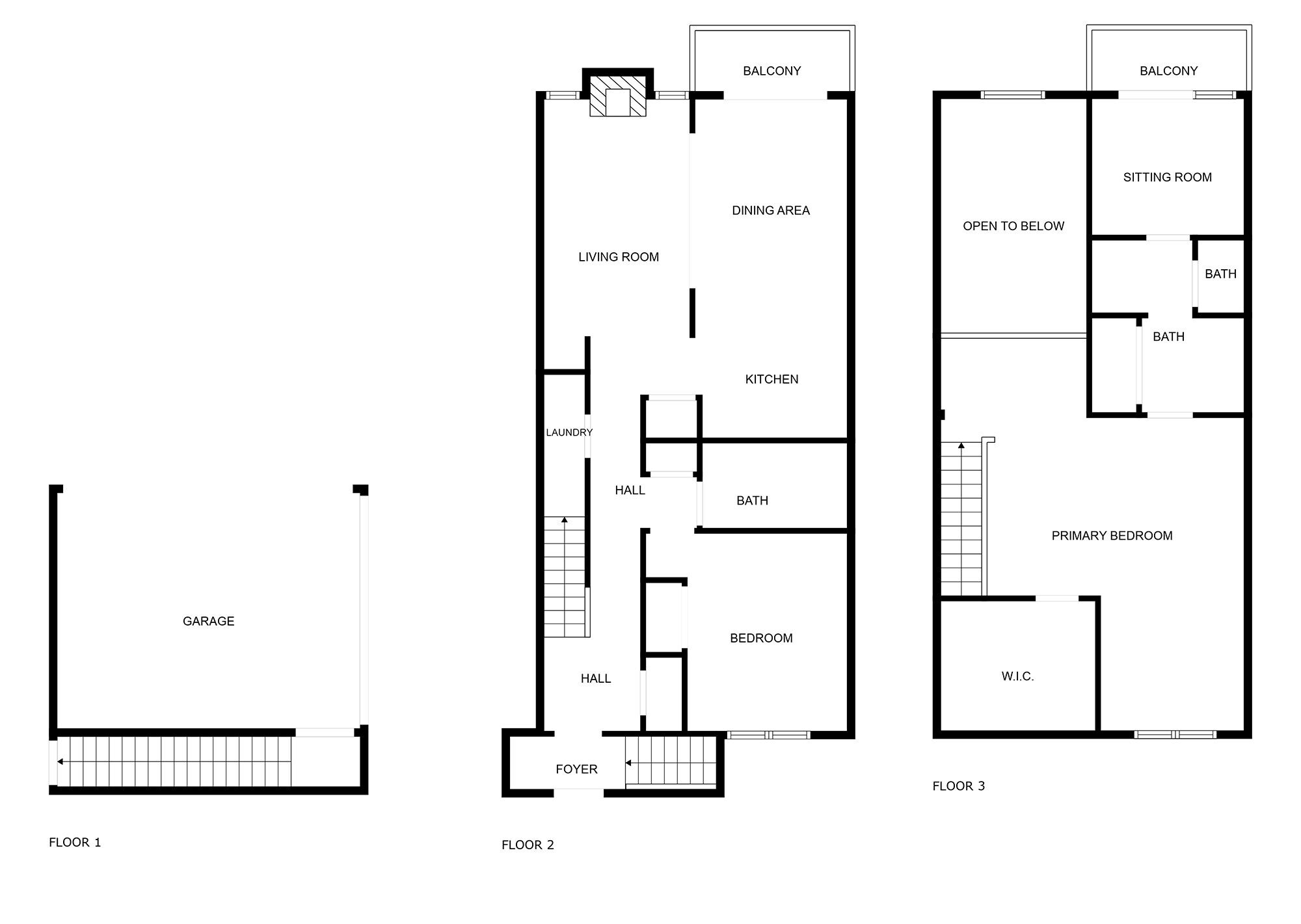 Pianta su tre livelli di un hotel: al piano terra un garage; al secondo piano, sala da pranzo, soggiorno, cucina, lavanderia e disimpegno; al terzo piano, salotto, bagno, camera da letto principale e cabina armadio.