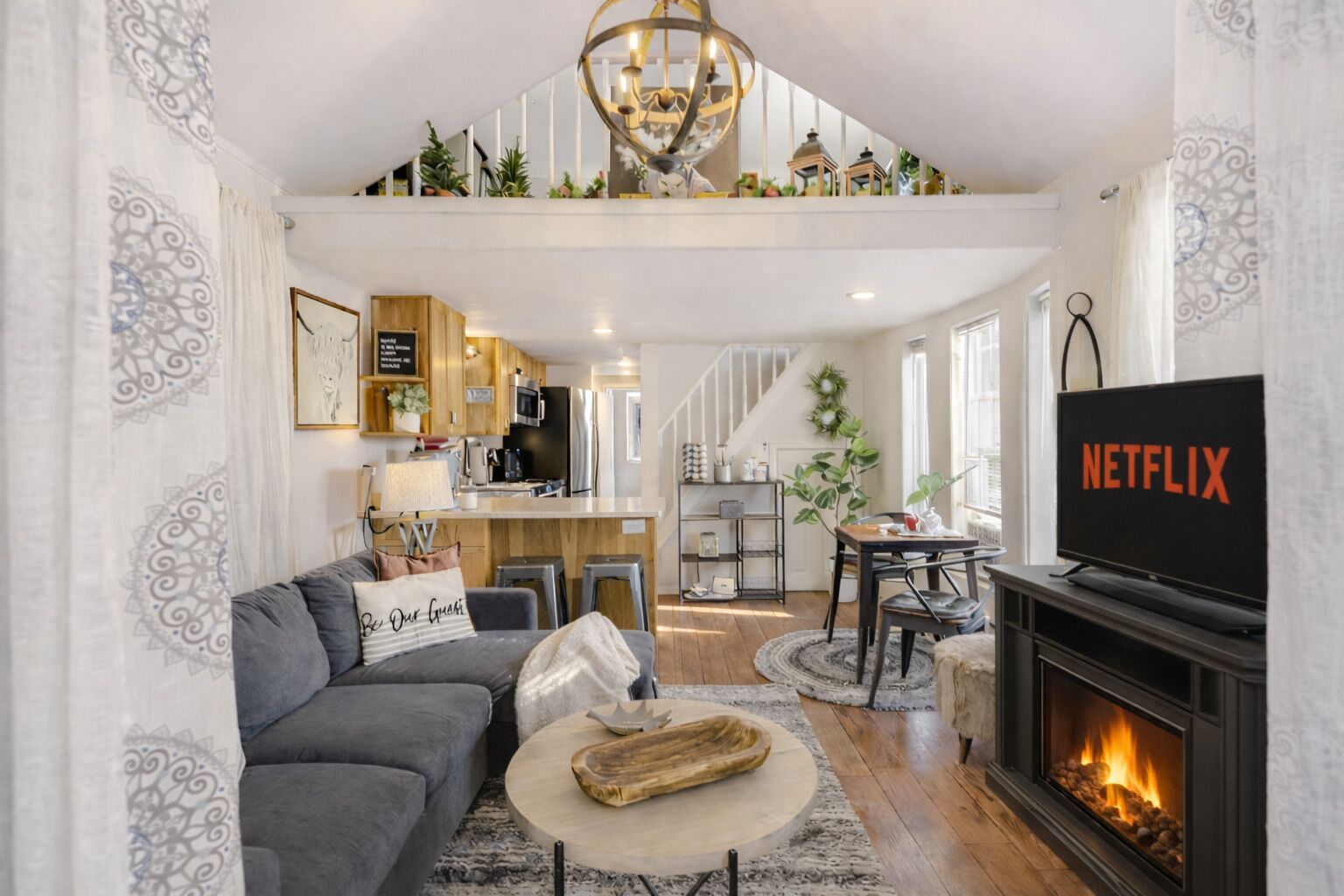 Smart TV, fireplace, DVD player