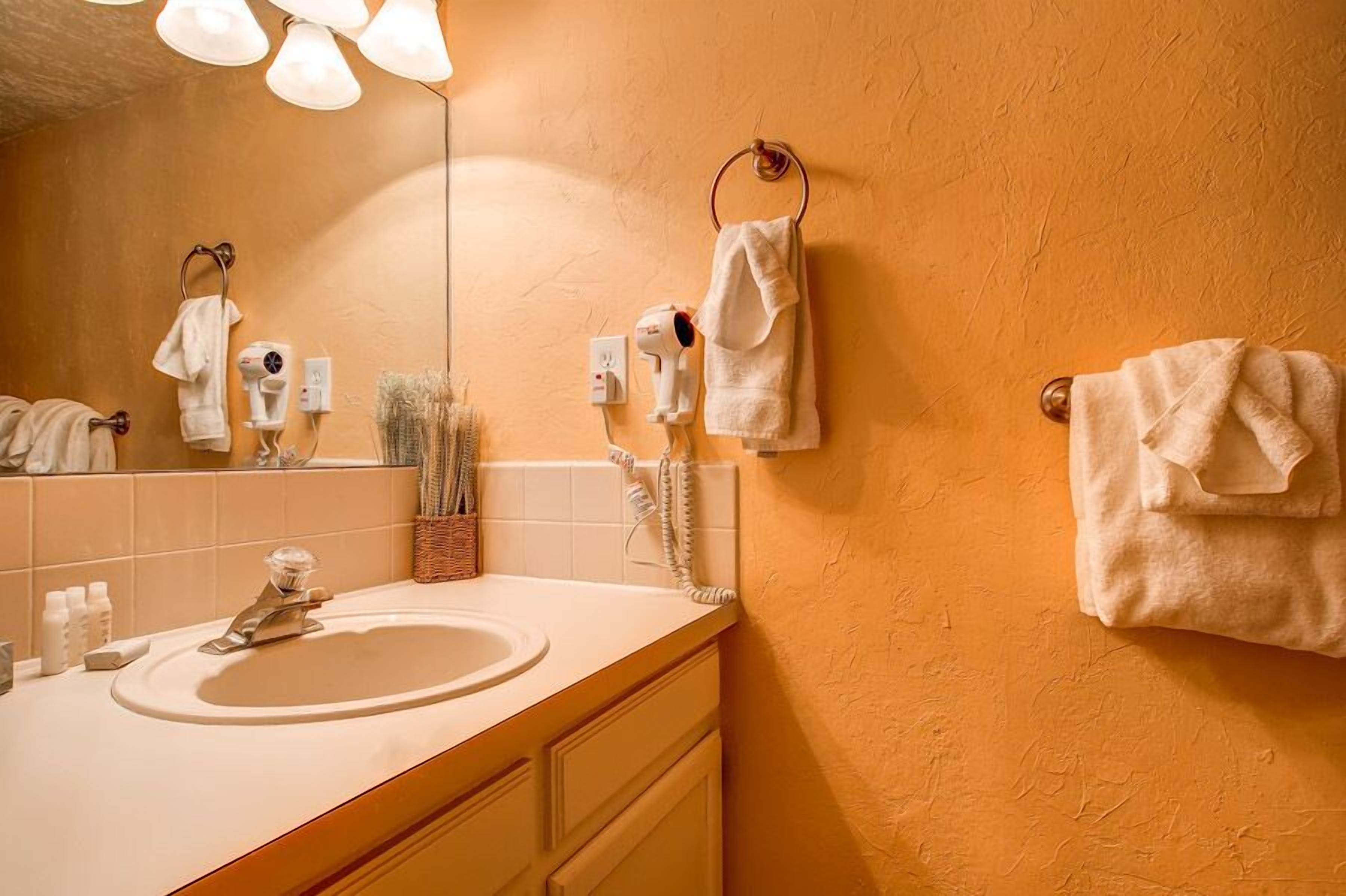 Une salle de bain avec un lavabo beige, un miroir et deux sèche-cheveux fixés au mur.