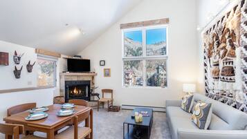 Smart TV, fireplace, DVD player, stereo