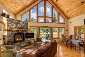 Smart TV, fireplace, video games, DVD player