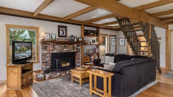 Una televisión, una chimenea, un reproductor de DVD, libros