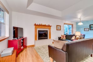 TV, fireplace, DVD player, books