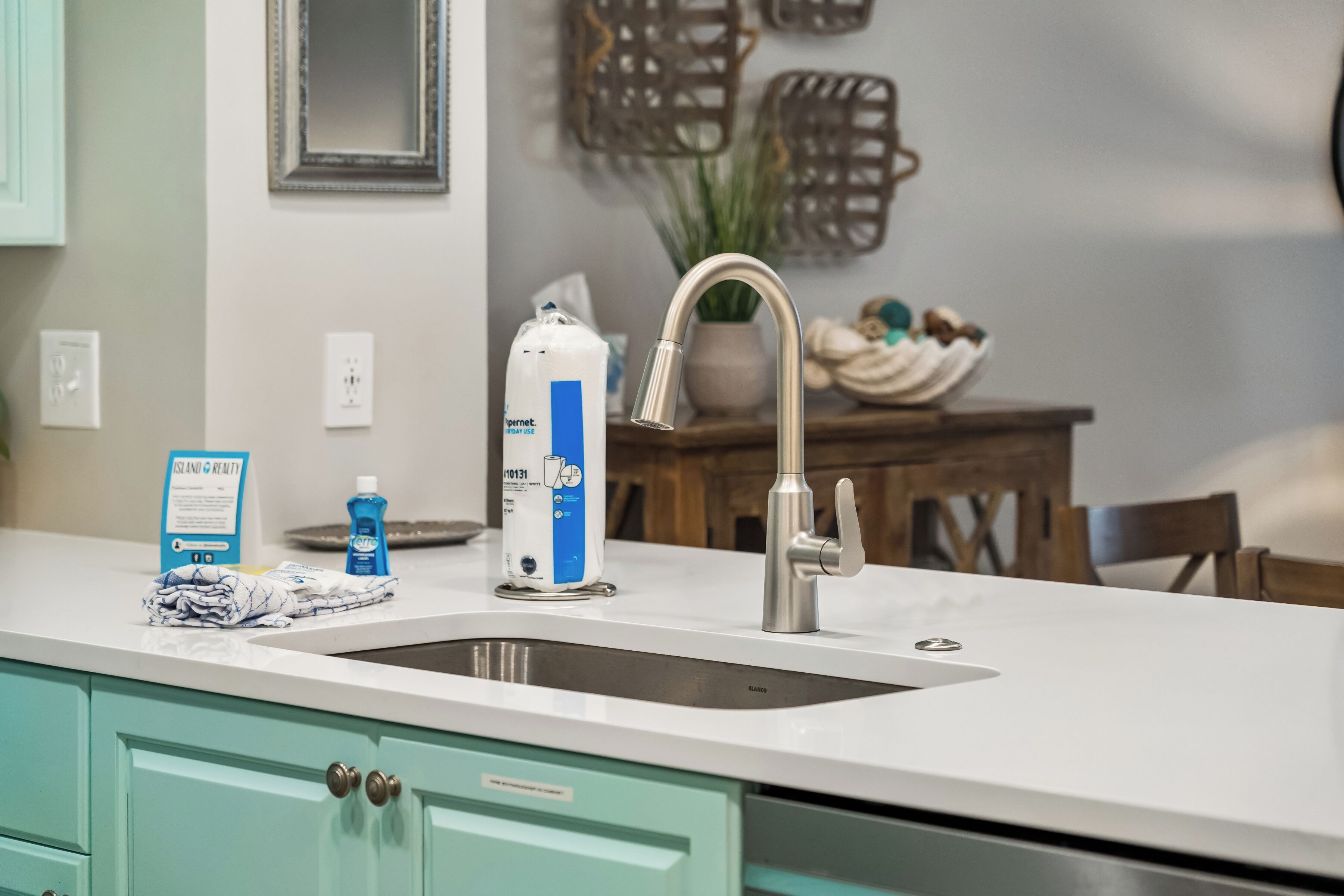 A kitchen with a sink, a faucet, and a countertop with cleaning supplies.
