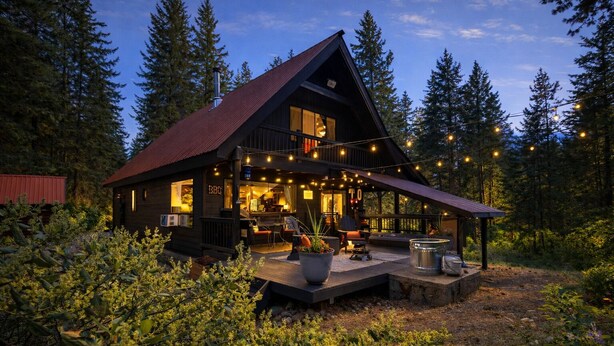 A cabin with a deck, outdoor seating, and string lights. - Thyme Out/ HotTub, WIFI, Fenced Dog Space, Forest (Leavenworth)