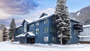 Un edificio azul grande con múltiples ventanas y un acceso cubierto, rodeado de árboles cubiertos de nieve y un cielo despejado.