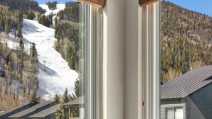 Vista a través de una ventana de un paisaje montañoso con laderas nevadas y bosques densos.